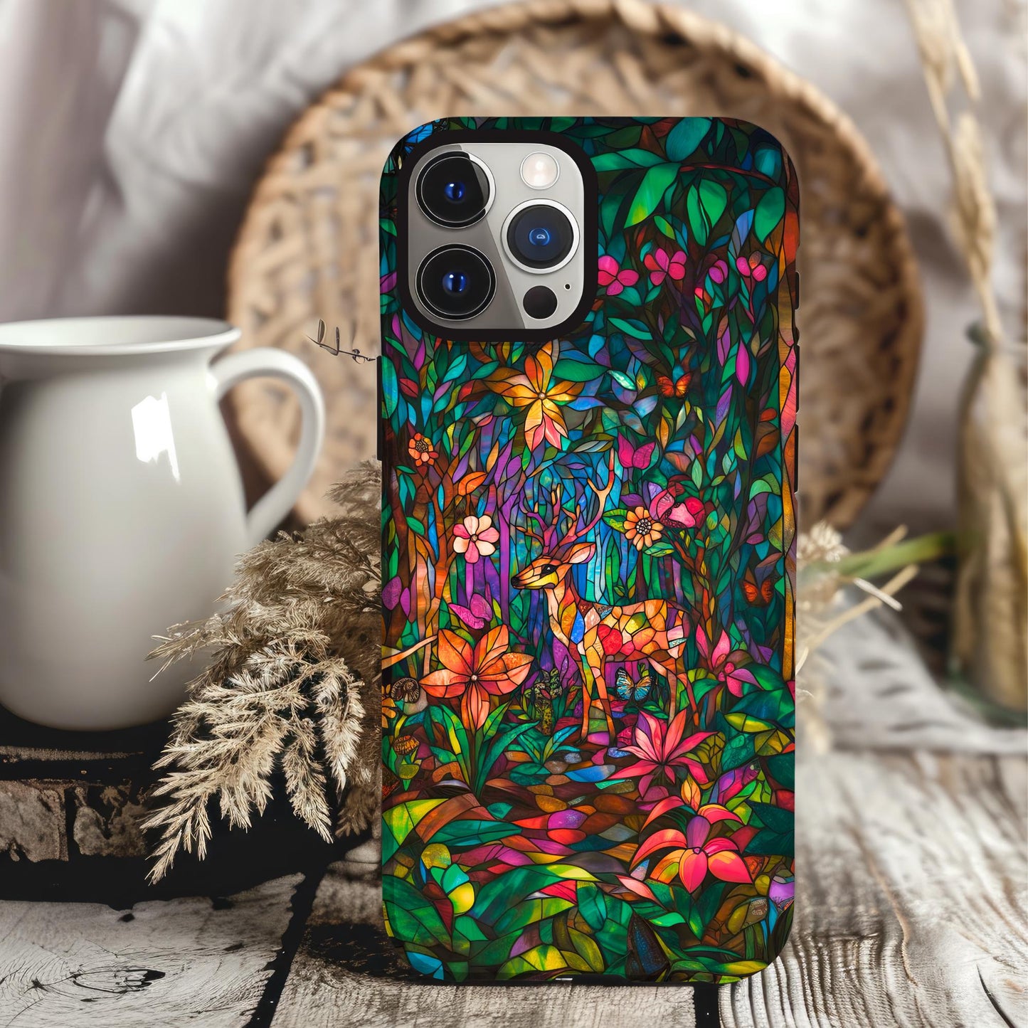 Stained Glass Phone Case Look iPhone 15 14 13 12 11 pro max, Samsung Galaxy S22 S23 S24 Ultra Google Pixel 6 7 8 pro Woodland Phone Case