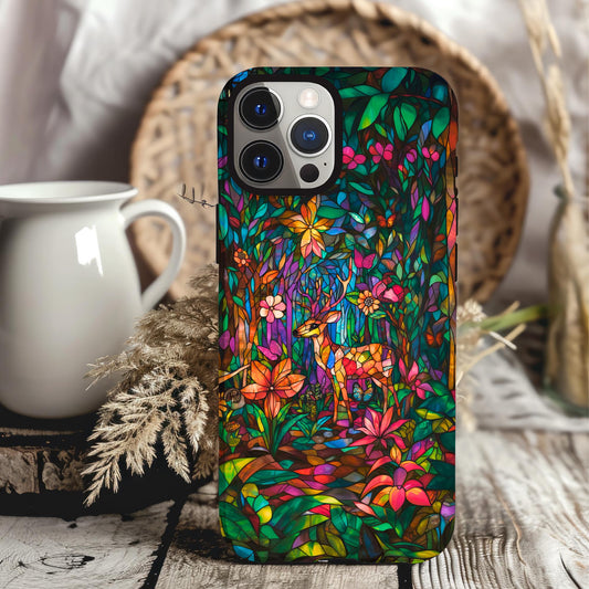 Stained Glass Phone Case Look iPhone 15 14 13 12 11 pro max, Samsung Galaxy S22 S23 S24 Ultra Google Pixel 6 7 8 pro Woodland Phone Case