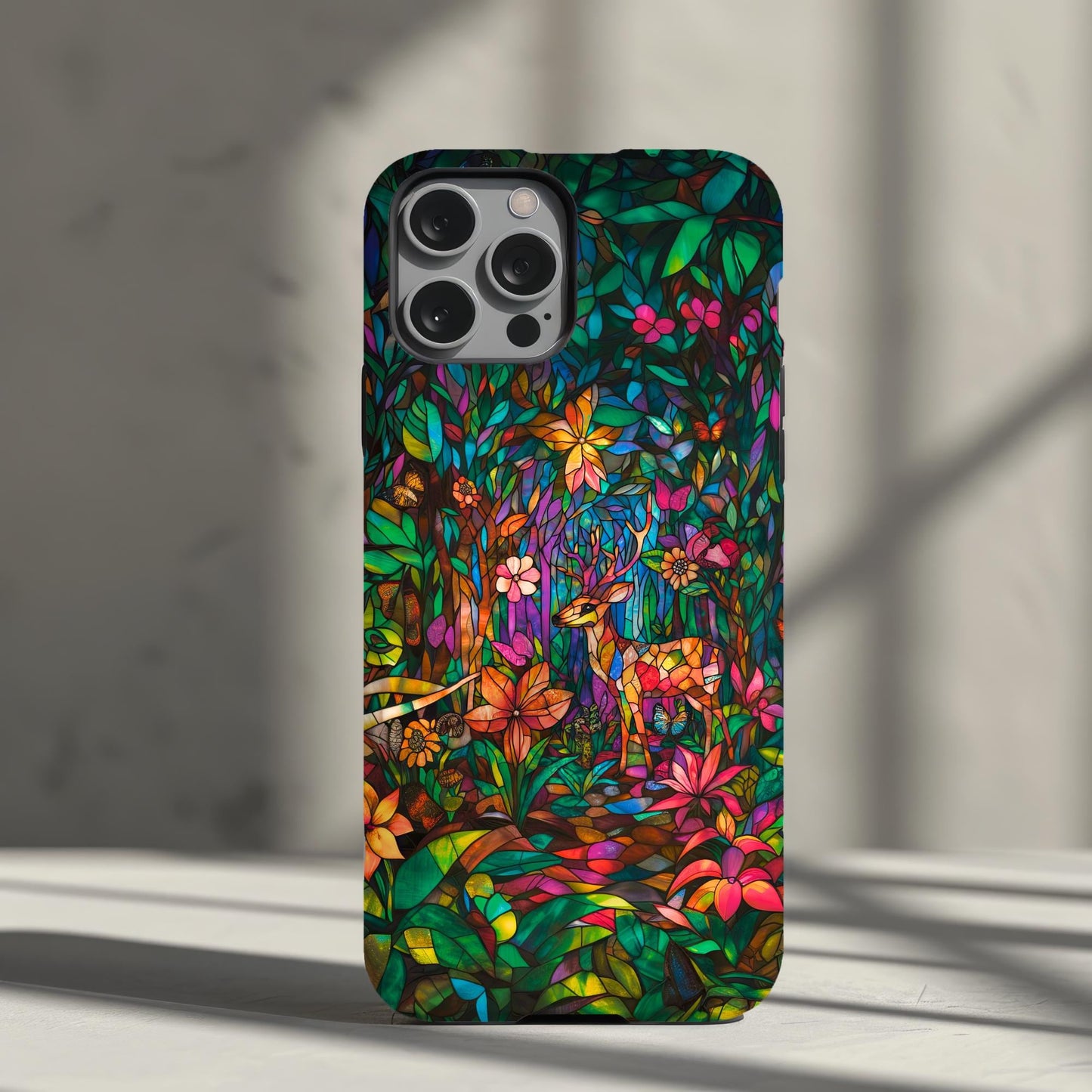 Stained Glass Phone Case Look iPhone 15 14 13 12 11 pro max, Samsung Galaxy S22 S23 S24 Ultra Google Pixel 6 7 8 pro Woodland Phone Case