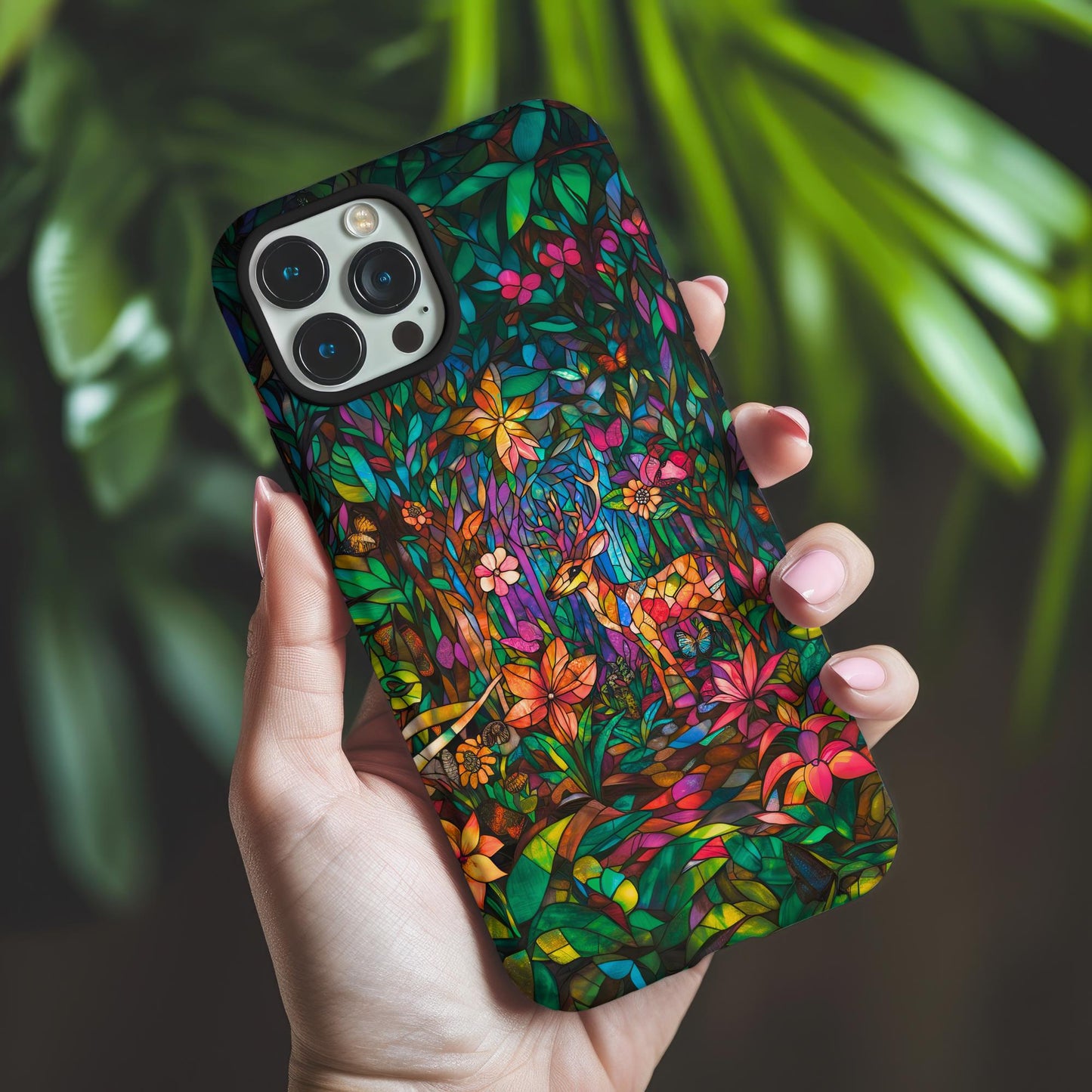 Stained Glass Phone Case Look iPhone 15 14 13 12 11 pro max, Samsung Galaxy S22 S23 S24 Ultra Google Pixel 6 7 8 pro Woodland Phone Case