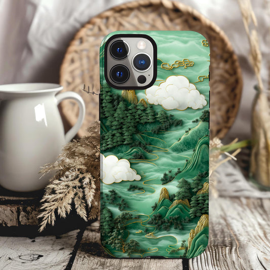 Stained Glass Phone Case 3D Japanese Case iPhone 15 14 13 12 11 Pro Max Samsung Galaxy S22 S23 S24 Japanese Landscape Case Green Phone Case