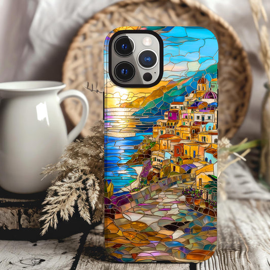 Stained Glass Look Positano Phone Case iPhone 15 14 13 12 11 pro max, Samsung Galaxy S22 S23 S24 Ultra Amalfi Coast, Italy Theme Phone Case