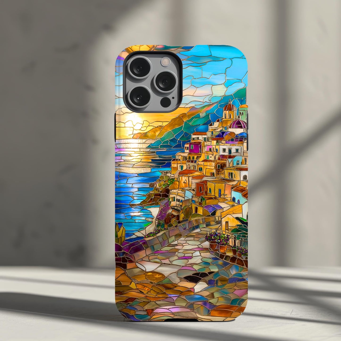 Stained Glass Look Positano Phone Case iPhone 15 14 13 12 11 pro max, Samsung Galaxy S22 S23 S24 Ultra Amalfi Coast, Italy Theme Phone Case