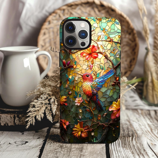 Stained Glass Phone Case Look iPhone 15 14 13 12 11 pro max, Samsung Galaxy S22 S23 S24 3D Hummingbird Phone Case for Bird Lovers Phonecase