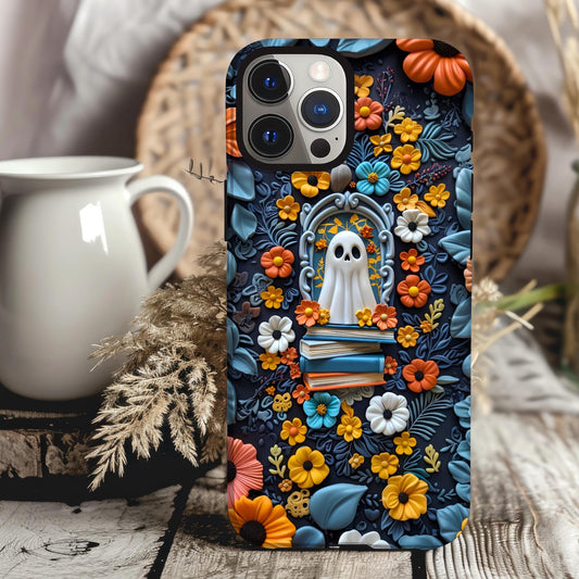 Spooky Bookish Ghost Phone Case Look iPhone 15 14 13 12 11 pro max Samsung Galaxy S22 S23 S24 Ultra 3D Clay Case Look Halloween Ghost Case