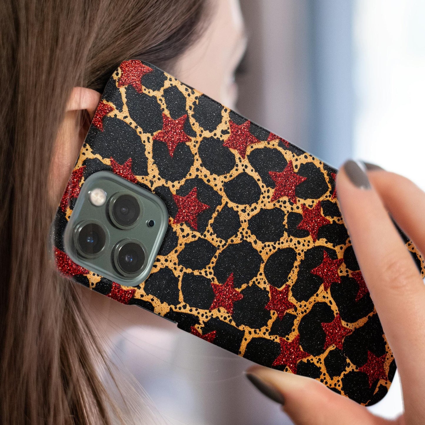 Red Star and Cheetah Print Phone Case iPhone 15 14 13 12 11 pro max, Samsung Galaxy S22 S23 S24 Ultra Leopard Print Phone Case Red Stars