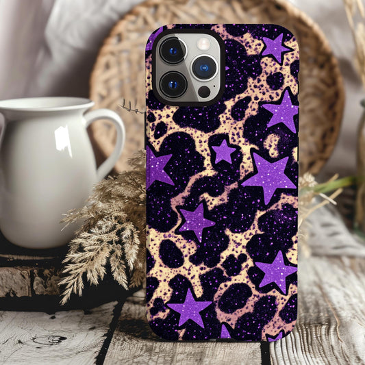 Purple Star and Cheetah Print Phone Case iPhone 15 14 13 12 11 pro max, Samsung Galaxy S22 S23 S24 Leopard Print Phone Case Purple Stars