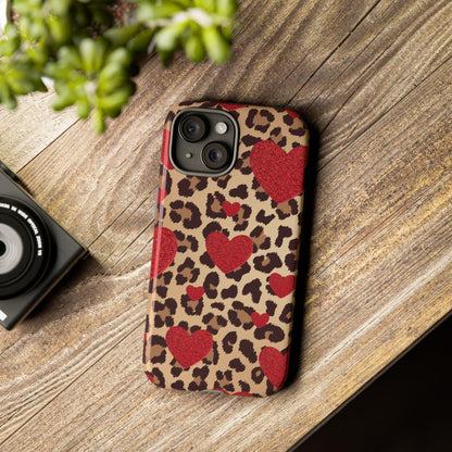 Red Heart and Cheetah Print Phone Case iPhone 15 14 13 12 11 pro max, Samsung Galaxy S22 S23 S24 Leopard Print Phone Case Red Hearts