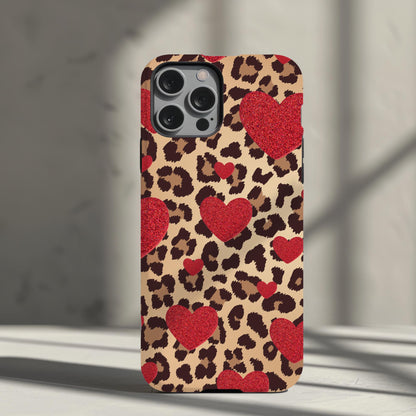 Red Heart and Cheetah Print Phone Case iPhone 15 14 13 12 11 pro max, Samsung Galaxy S22 S23 S24 Leopard Print Phone Case Red Hearts