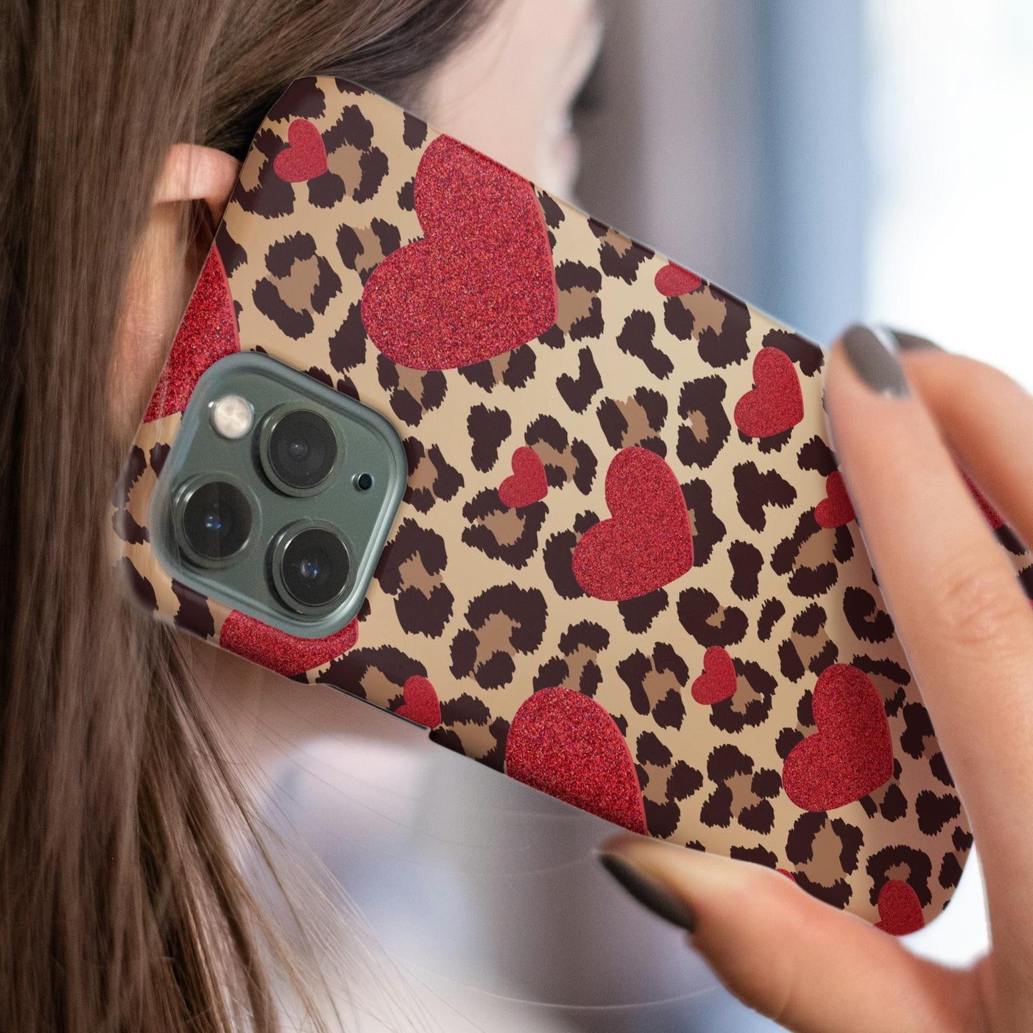 Red Heart and Cheetah Print Phone Case iPhone 15 14 13 12 11 pro max, Samsung Galaxy S22 S23 S24 Leopard Print Phone Case Red Hearts