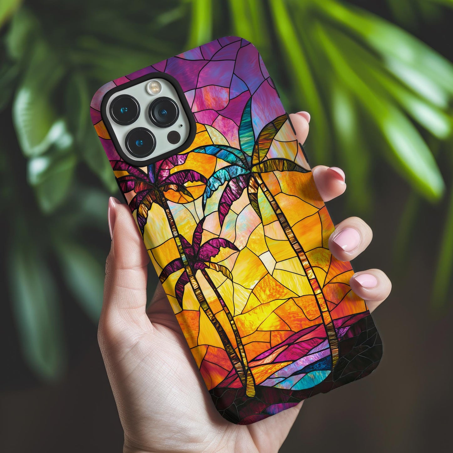 Faux Stained Glass Phone Case iPhone 15 14 13 12 11 pro max, Samsung Galaxy S22 S23 S24 3D Tropical Beach Phone Case Palm Tree Beach Lovers