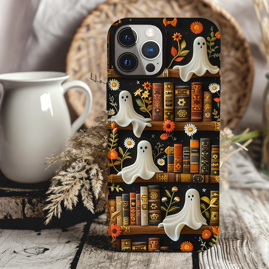 Spooky Bookish Ghost Phone Case Bookself Halloween Library Phone Case iPhone 15 14 13 Pro Max Samsung S22 S23 S24 Ultra Book Lover Gift