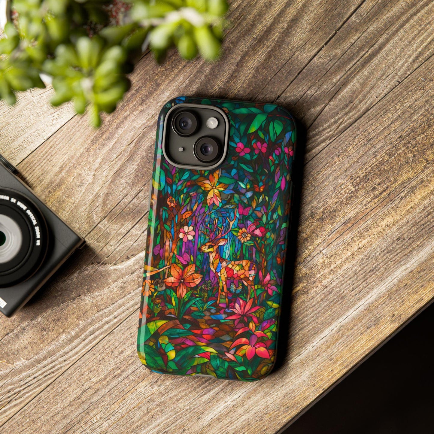 Stained Glass Phone Case Look iPhone 15 14 13 12 11 pro max, Samsung Galaxy S22 S23 S24 Ultra Google Pixel 6 7 8 pro Woodland Phone Case