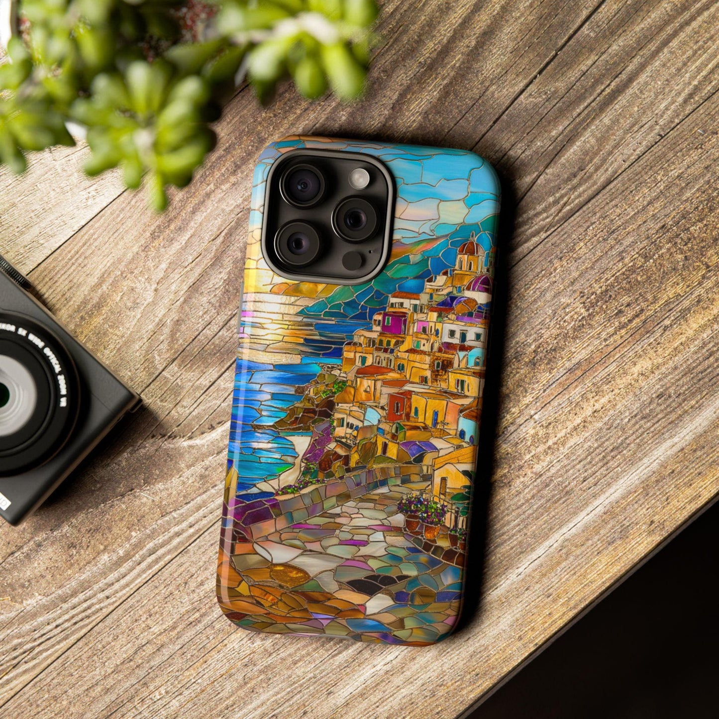 Stained Glass Look Positano Phone Case iPhone 15 14 13 12 11 pro max, Samsung Galaxy S22 S23 S24 Ultra Amalfi Coast, Italy Theme Phone Case