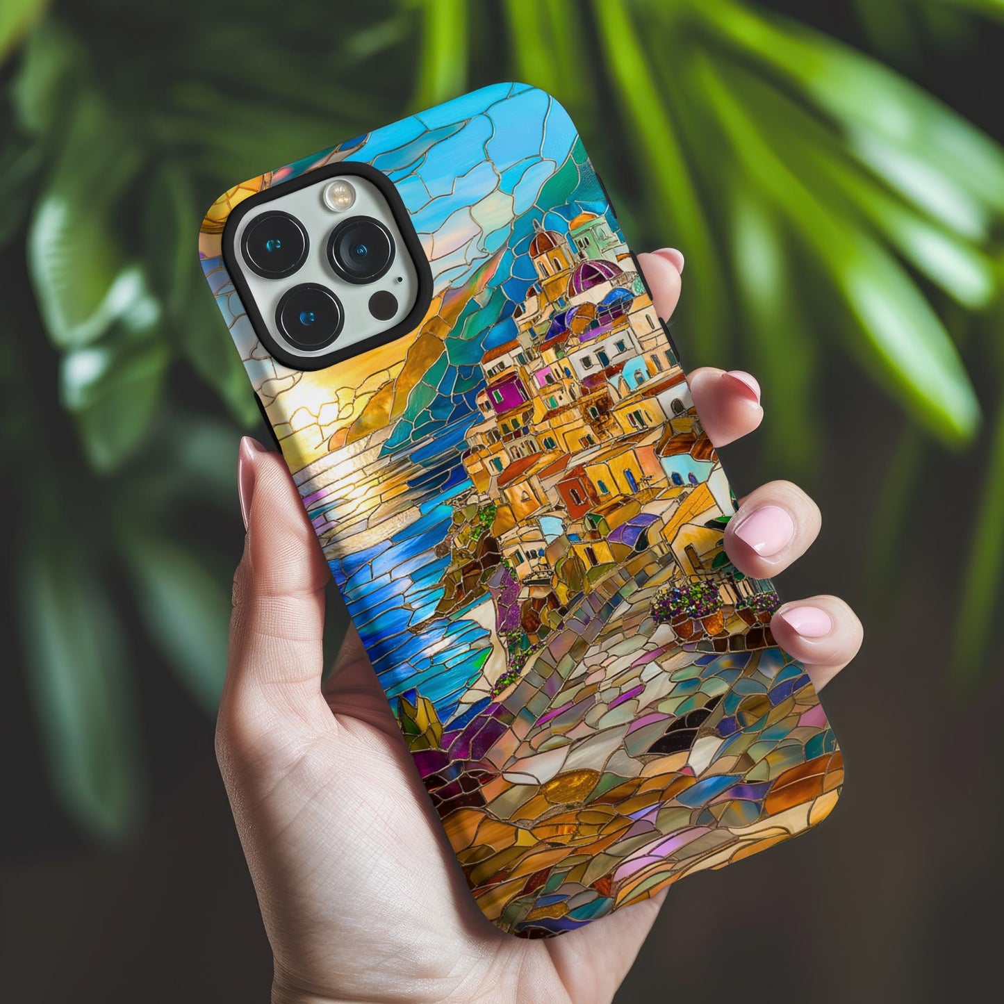 Stained Glass Look Positano Phone Case iPhone 15 14 13 12 11 pro max, Samsung Galaxy S22 S23 S24 Ultra Amalfi Coast, Italy Theme Phone Case