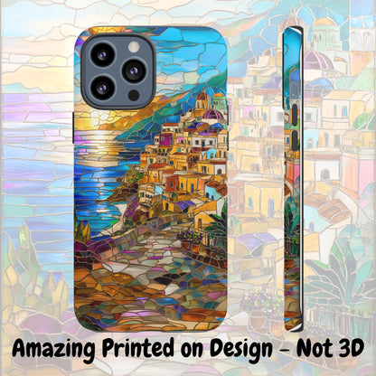 Stained Glass Look Positano Phone Case iPhone 15 14 13 12 11 pro max, Samsung Galaxy S22 S23 S24 Ultra Amalfi Coast, Italy Theme Phone Case