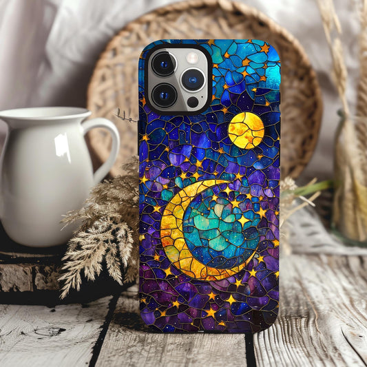 Celestial Stained Glass Look Phone Case 3D Moon and Stars Night Sky Case iPhone 15 14 13 12 11 Pro Max Samsung Galaxy S22 S23 S24 Ultra