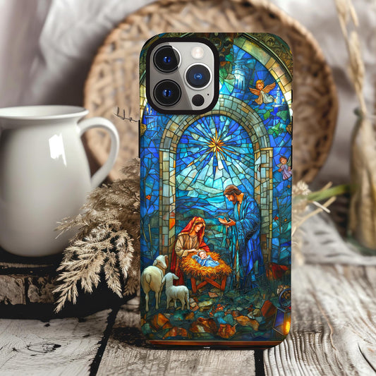 Nativity Phone Case Christian Catholic Religious Faux Stain Glass Phone Case iPhone 15 14 13 12 11 pro max Samsung Galaxy S22 S23 S24 Ultra
