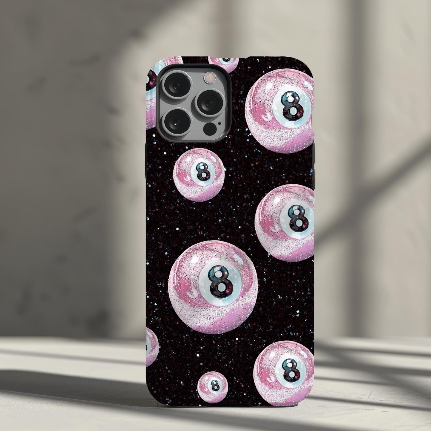 Pink 8 Ball Phone Case Eight ball Handpainted iPhone 16 15 14 13 12 11 Pro Max Galaxy S24 S23 S22 S21 Ultra Cool Girl Phone Case Glitter