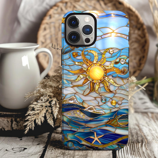 Phone Case, Stained Glass Sun Sea Celestial Phone Cover, Tough Case for Protection, Phone Accessories, Beach Lover Gift, Boho Chic Phone