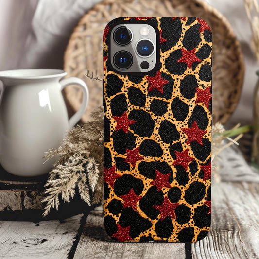 Red Star and Cheetah Print Phone Case iPhone 15 14 13 12 11 pro max, Samsung Galaxy S22 S23 S24 Ultra Leopard Print Phone Case Red Stars