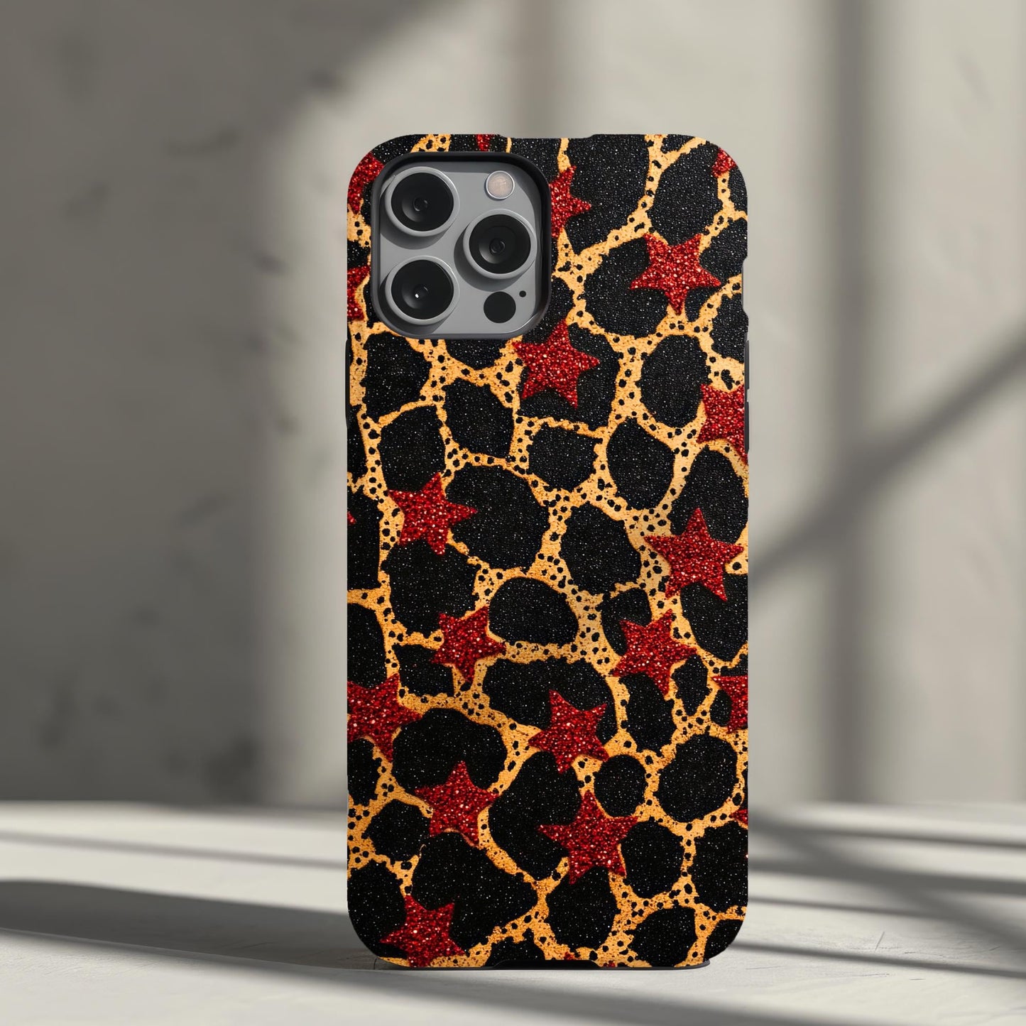 Red Star and Cheetah Print Phone Case iPhone 15 14 13 12 11 pro max, Samsung Galaxy S22 S23 S24 Ultra Leopard Print Phone Case Red Stars