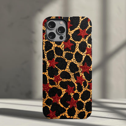 Red Star and Cheetah Print Phone Case iPhone 15 14 13 12 11 pro max, Samsung Galaxy S22 S23 S24 Ultra Leopard Print Phone Case Red Stars