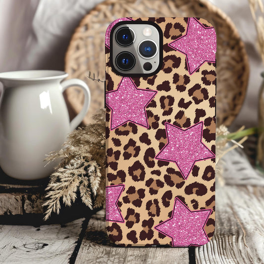 Pink Star and Cheetah Print Phone Case iPhone 15 14 13 12 11 pro max, Samsung Galaxy S22 S23 S24 Leopard Print Phone Case Pink Stars