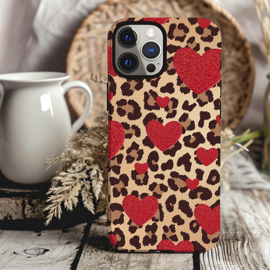 Red Heart and Cheetah Print Phone Case iPhone 15 14 13 12 11 pro max, Samsung Galaxy S22 S23 S24 Leopard Print Phone Case Red Hearts
