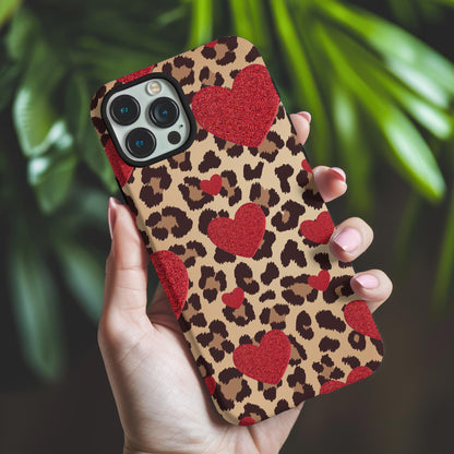 Red Heart and Cheetah Print Phone Case iPhone 15 14 13 12 11 pro max, Samsung Galaxy S22 S23 S24 Leopard Print Phone Case Red Hearts