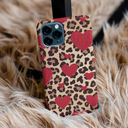 Red Heart and Cheetah Print Phone Case iPhone 15 14 13 12 11 pro max, Samsung Galaxy S22 S23 S24 Leopard Print Phone Case Red Hearts