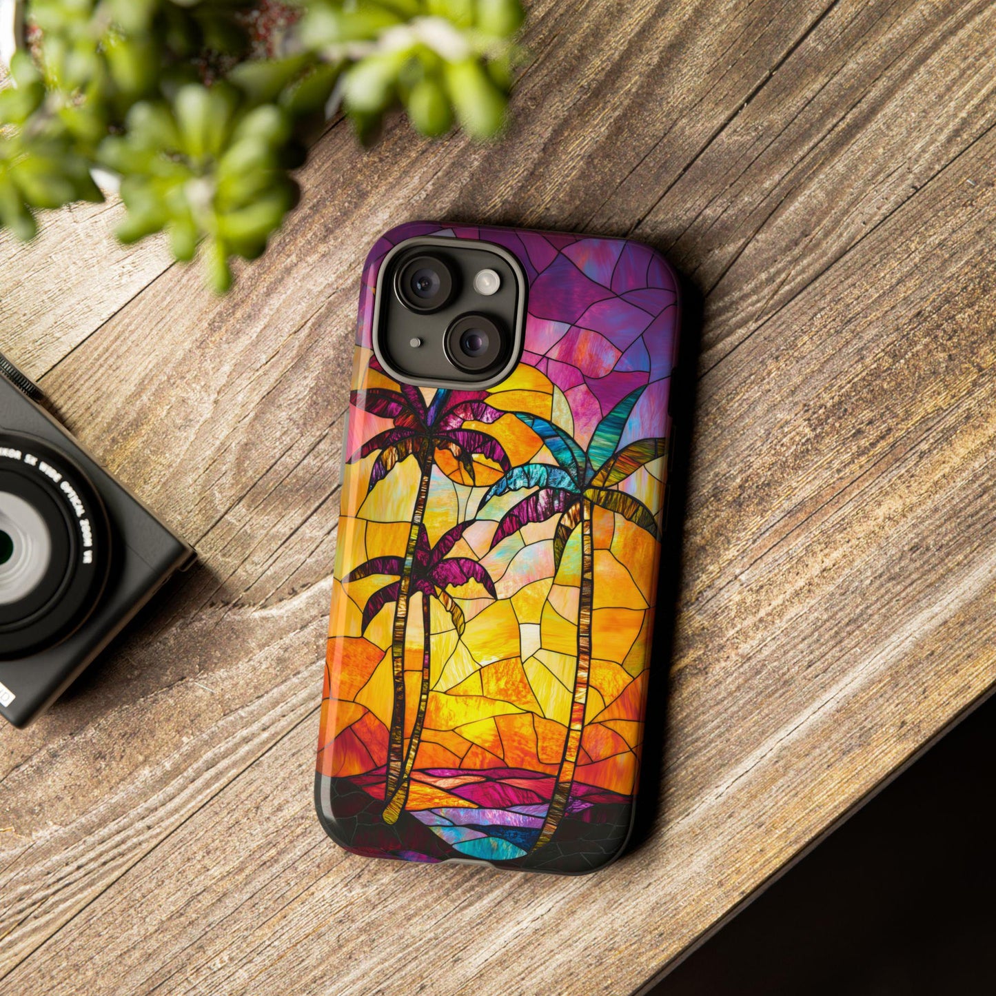 Faux Stained Glass Phone Case iPhone 15 14 13 12 11 pro max, Samsung Galaxy S22 S23 S24 3D Tropical Beach Phone Case Palm Tree Beach Lovers