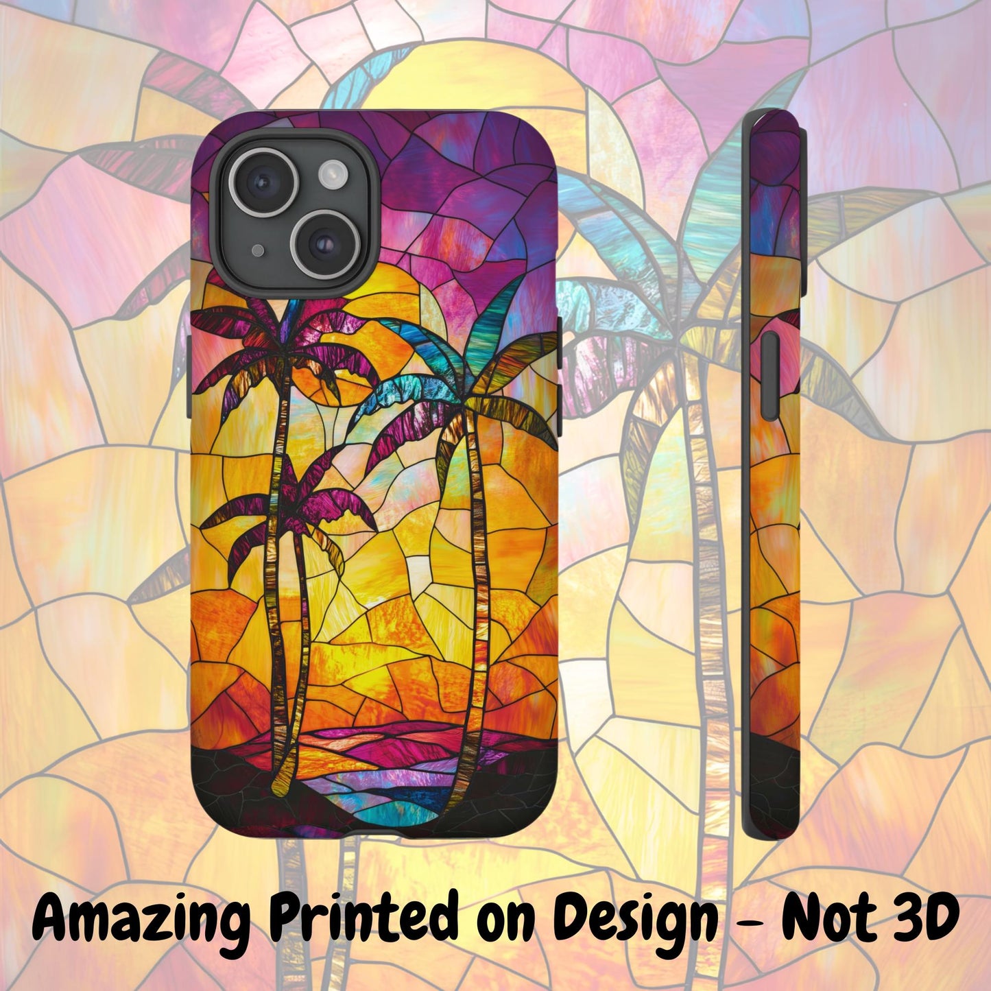 Faux Stained Glass Phone Case iPhone 15 14 13 12 11 pro max, Samsung Galaxy S22 S23 S24 3D Tropical Beach Phone Case Palm Tree Beach Lovers