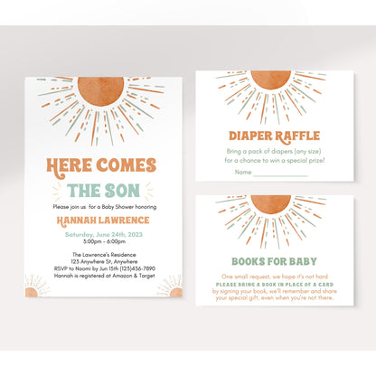 Here Comes The Son Baby Shower Invite Set, Editable Sunshine Baby Shower Invitation Bundle, Retro Boho Boy Sun Invite, Instant Download