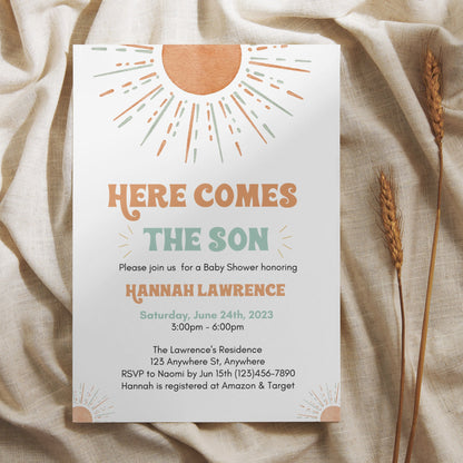 Here Comes The Son Baby Shower Invite Set, Editable Sunshine Baby Shower Invitation Bundle, Retro Boho Boy Sun Invite, Instant Download